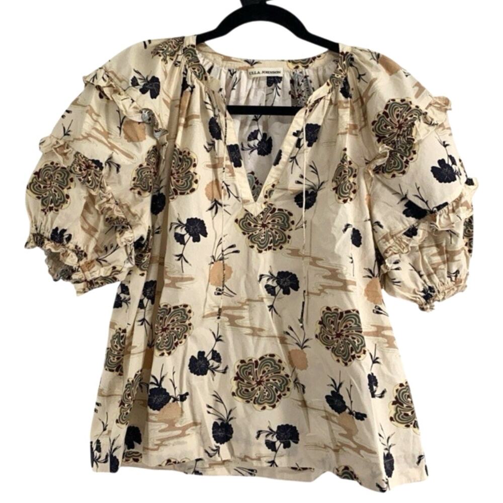 Ulla Johnson Blouse Womens 10 Tan Floral Ruffle Puff Sleeve Cotton Top